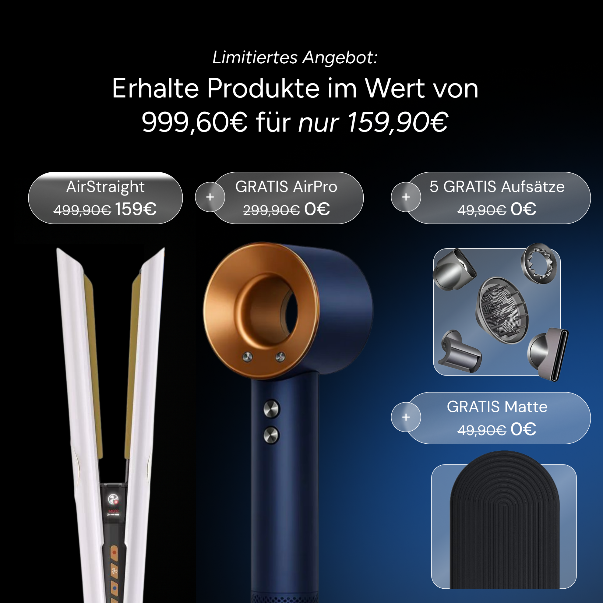 Whipl™ Straithair Pro - Luftglätter- und GRATIS AirPro Föhnstyler inkl. 5 Aufsätze